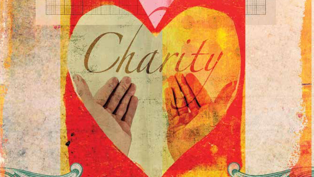 An artist's rendering of a heart with two open hands held out as if in service. The word Charity is written in script above them. The colors are orange and gold and white.