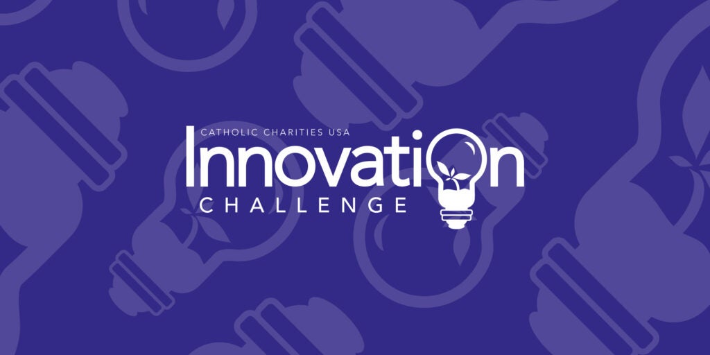 The Innovation Challenge logo against a purple background. The second "o" in innovation is a lightbulb with a seedling sprouting inside it. The same lightbulb image is watermarked across the purple background.