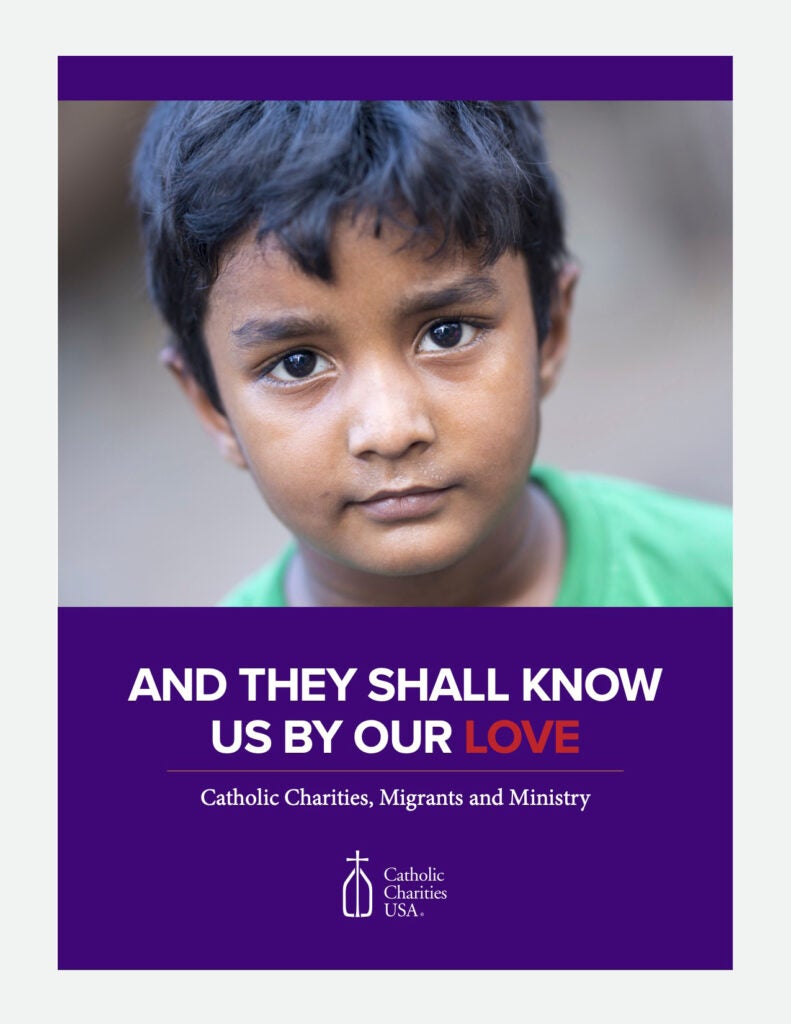 The cover of "And They Shall Know Us By Our Love," a CCUSA document about immigration services. A little boy with black hair looks out from the cover. 