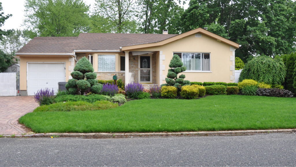 A yellow brick rambler with a deep green lawn and shrubbery, including purple flowers.