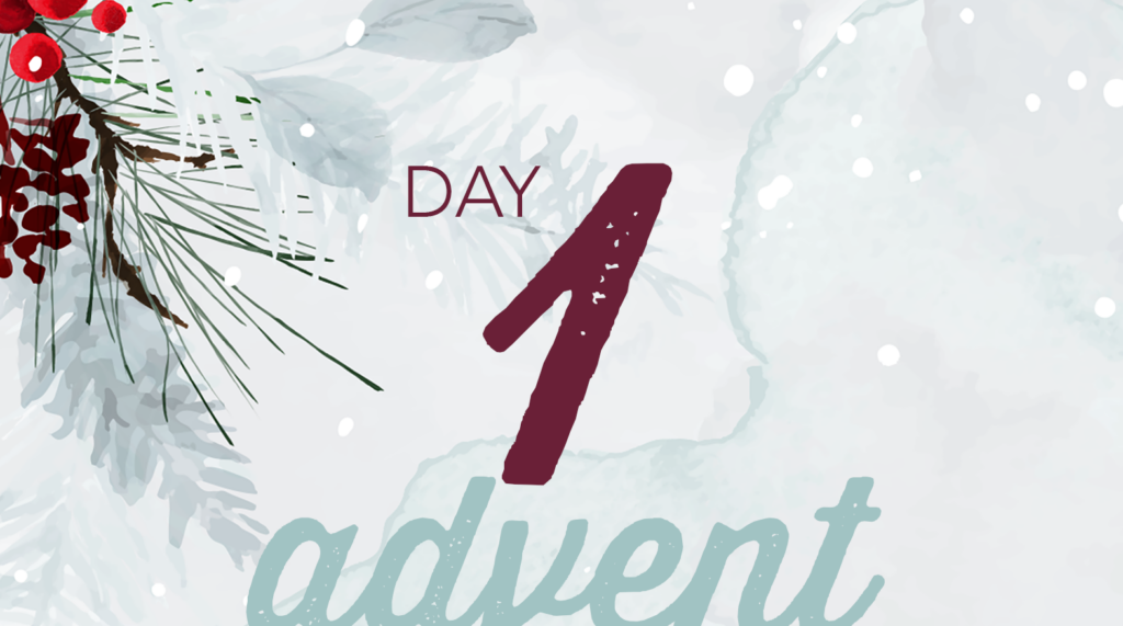 Advent reflection day 1 graphic. Watercolor brush strokes of Christmas tree branches in white and pale green and red holly berries.
