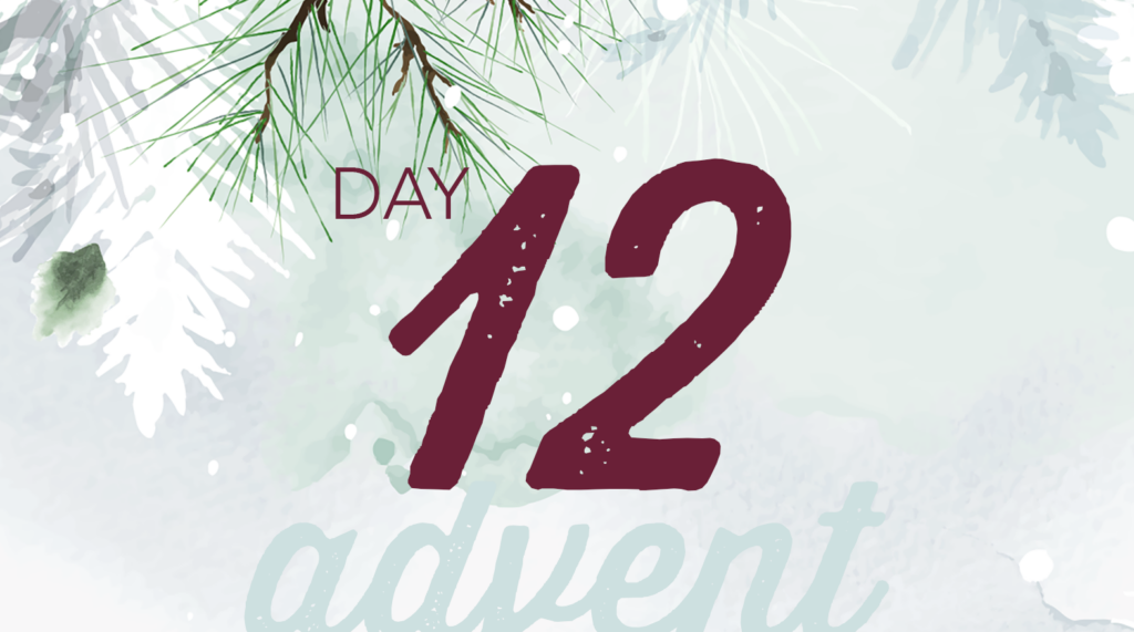Advent reflection day 12 graphic. Watercolor brush strokes of Christmas tree branches in white and pale green.