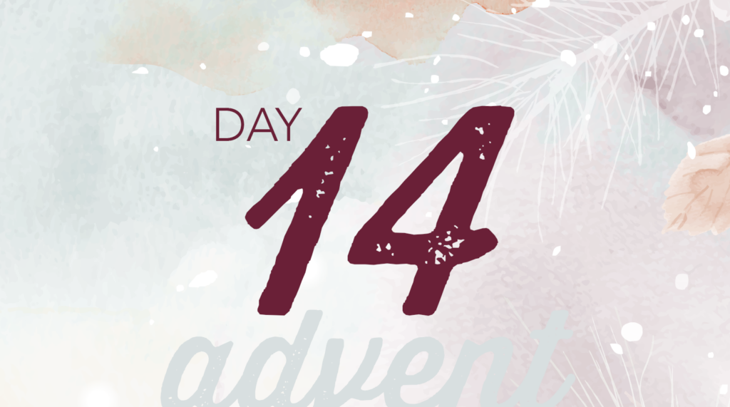 Advent reflection day 14 graphic. Watercolor brush strokes of Christmas tree branches in white and pale green.