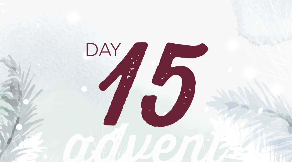 Advent reflection day 15 graphic. Watercolor brush strokes of Christmas tree branches in white and pale green.