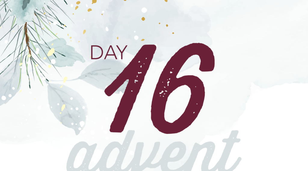 Advent reflection day 16 graphic. Watercolor brush strokes of Christmas tree branches in white and pale green.