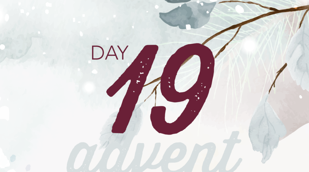 Advent reflection day 19 graphic. Watercolor brush strokes of Christmas tree branches in white and pale green.