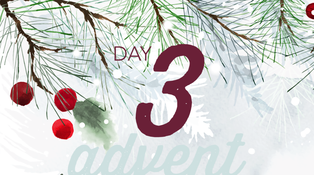 Advent reflection day 3 graphic. Watercolor brush strokes of Christmas tree branches in white and pale green and red holly berries.