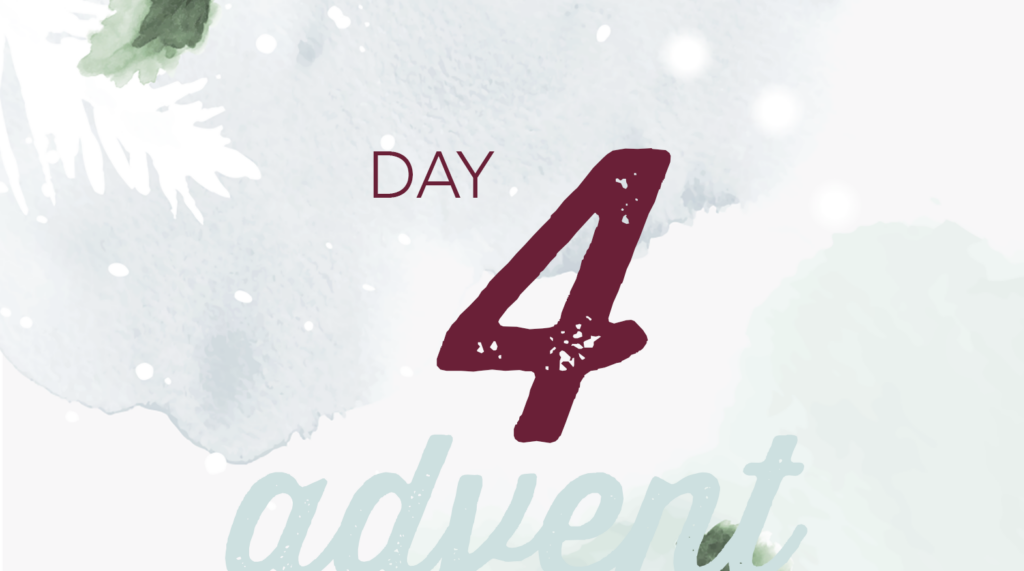 Advent reflection day 4 graphic. Watercolor brush strokes of Christmas tree branches in white and pale green.