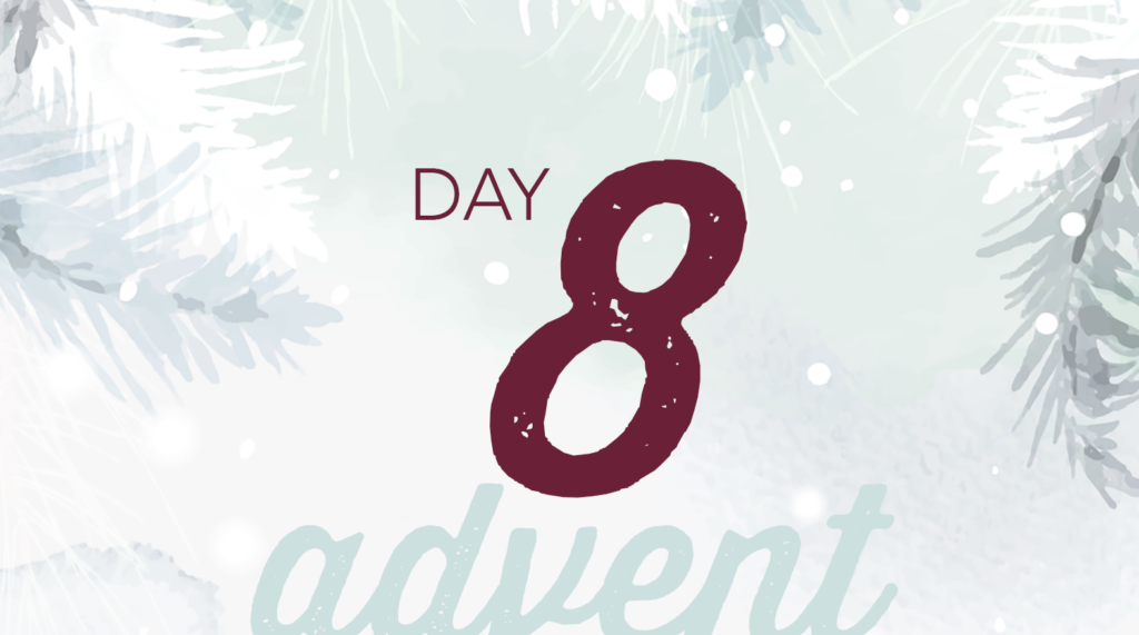 Advent reflection day 8 graphic. Watercolor brush strokes of Christmas tree branches in white and pale green.