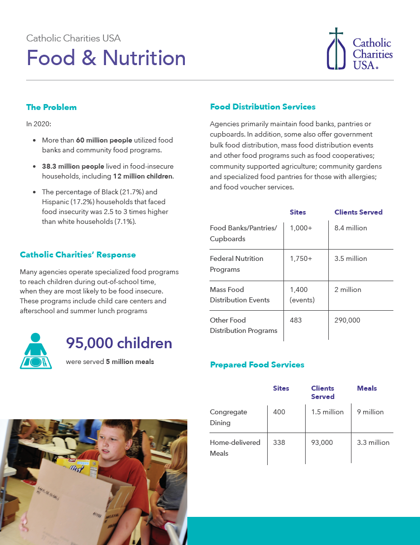 An image of a Catholic Charities food and nutrition one-page policy brief. 