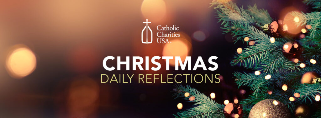 The logo for the Christmas Daily Reflections, featuring a close-up of Christmas tree branches with gold ornaments, white and gold lights, and the CCUSA logo.