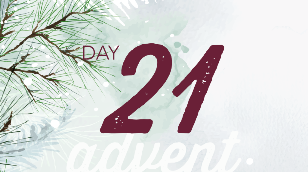 Advent reflection day 21 graphic. Watercolor brush strokes of Christmas tree branches in white and pale green.
