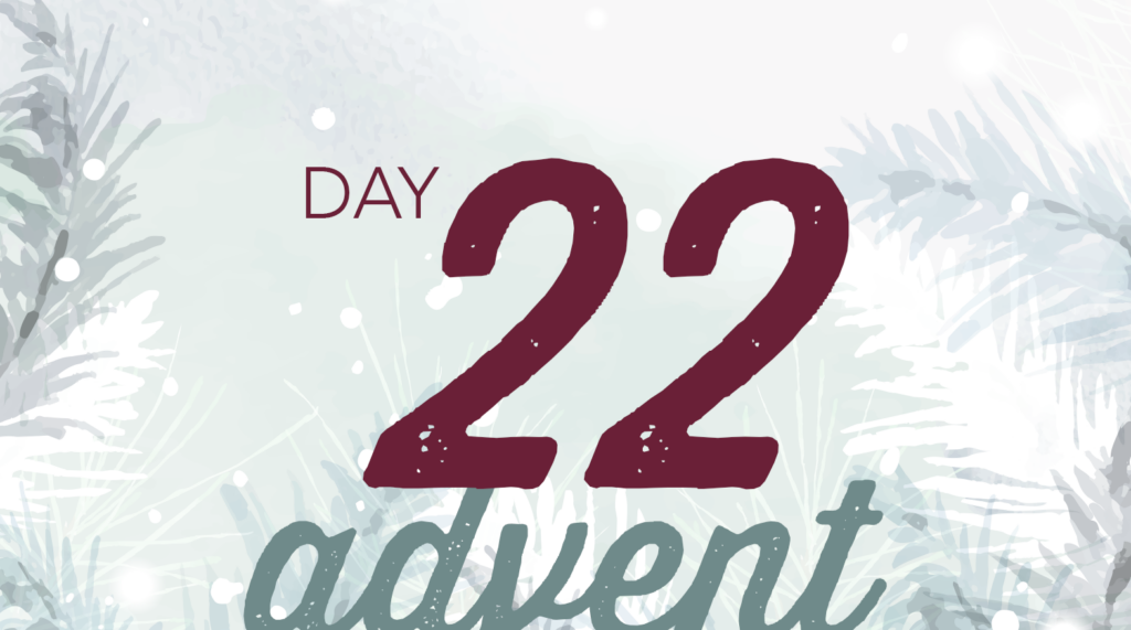 Advent reflection day 22 graphic. Watercolor brush strokes of Christmas tree branches in white and pale green.