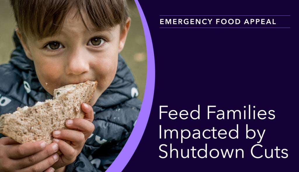 A graphic, featuring a young boy eating, promoting CCUSA's fundraising campaign to support those losing access to supplemental food programs.