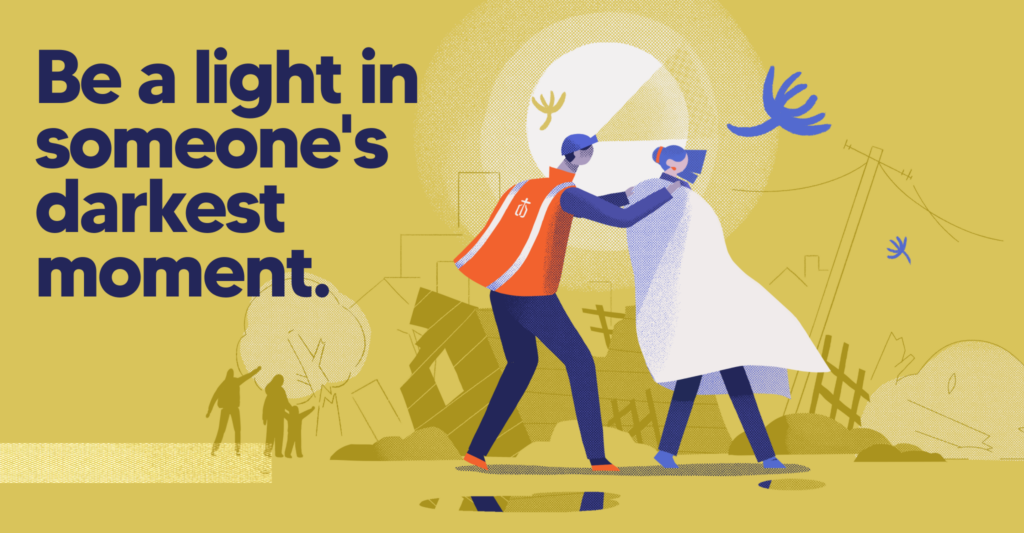 An animated illustration of a man putting a coat around a woman after a storm with text that reads: "Be a light in someone's darkest moment."