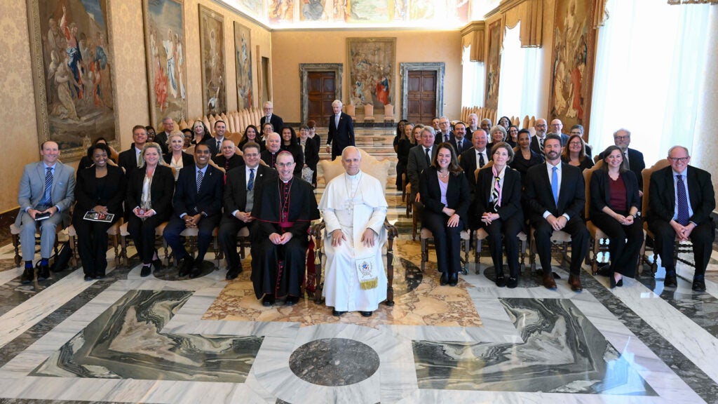 A photograph of Pope Leo XIV with the board of directors and leadership team of Catholic Charities USA